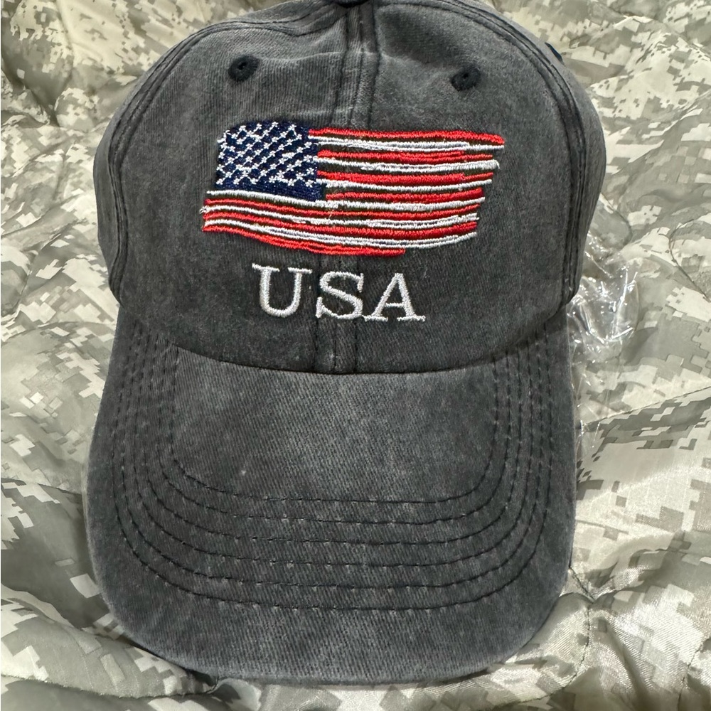 USA Patriotic Hat with Embroidered Flag, USA and USA Patch. One Size, Adjustable - Picture 2 of 5